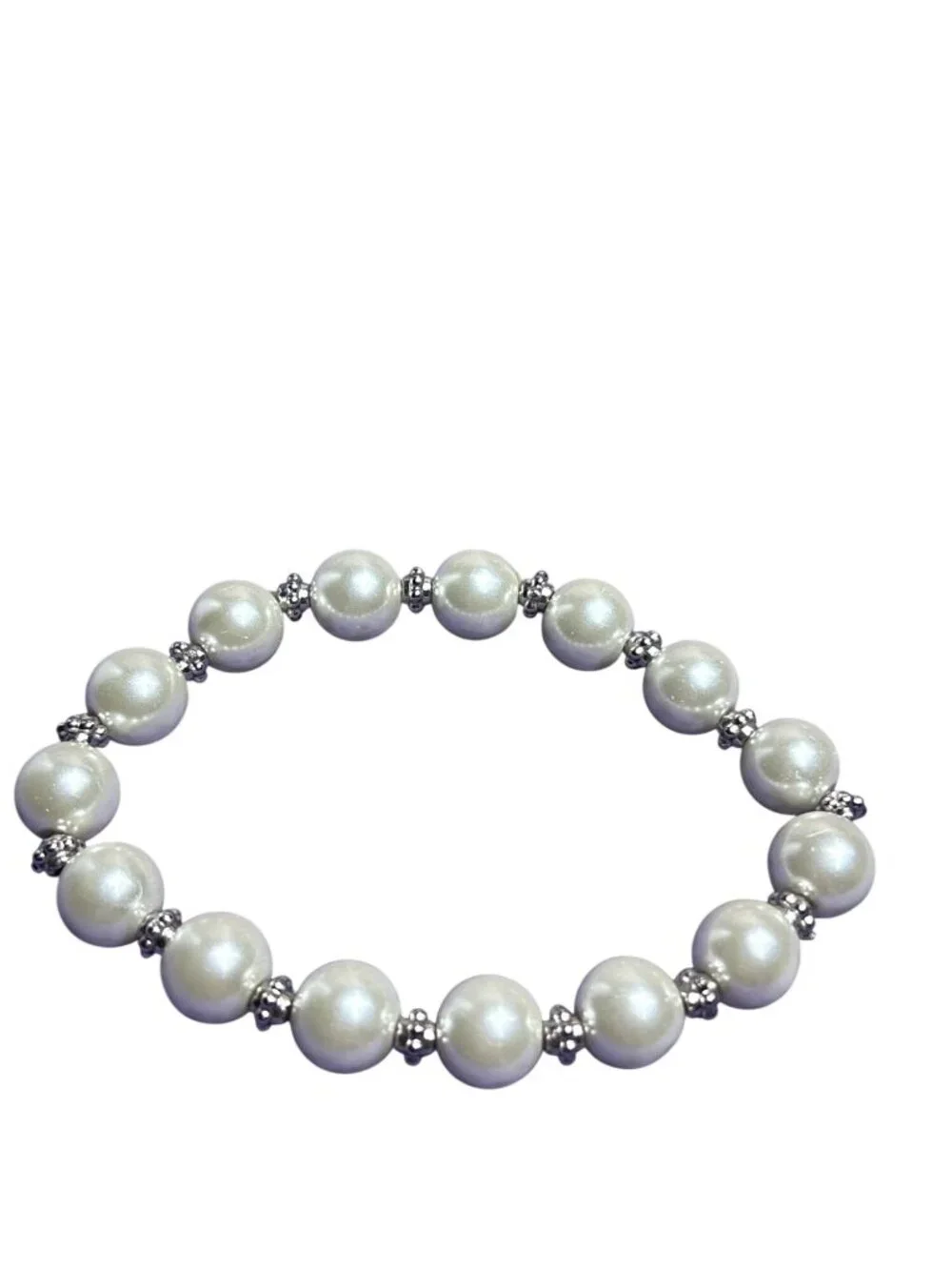 Glass Faux Pearl Silvertone Beaded Stretchy Bracelet 6.75 inches Unstretched